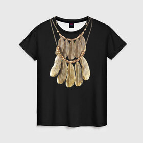 Женская футболка 3D с принтом Золотые перья в Санкт-Петербурге, 100% полиэфир ( синтетическое хлопкоподобное полотно) | прямой крой, круглый вырез горловины, длина до линии бедер | бусы | драгоценность | золото | золотые перья | украшение | цепь