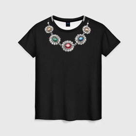 Женская футболка 3D с принтом Ожерелье в Санкт-Петербурге, 100% полиэфир ( синтетическое хлопкоподобное полотно) | прямой крой, круглый вырез горловины, длина до линии бедер | бриллианты | драгоценность | золото | золотое | камни | ожерелье | цепь