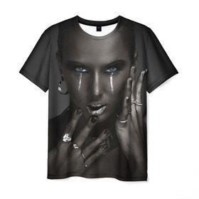 Мужская футболка 3D с принтом Черная девушка в Санкт-Петербурге, 100% полиэфир | прямой крой, круглый вырез горловины, длина до линии бедер | белое | блеск | бриллиант | девушка | драгоценности | золото | кольца | макияж | перстни | серебро | черная | эпатаж