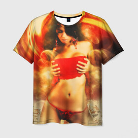 Мужская футболка 3D с принтом Огненная девушка в Санкт-Петербурге, 100% полиэфир | прямой крой, круглый вырез горловины, длина до линии бедер | брюнетка | ветер | вихрь | девушка | красный | огненная | огонь | страсть