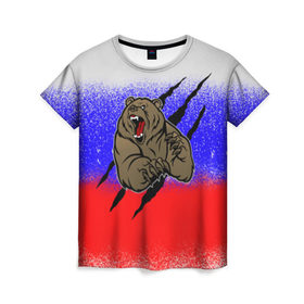 Женская футболка 3D с принтом Свирепый медведь в Санкт-Петербурге, 100% полиэфир ( синтетическое хлопкоподобное полотно) | прямой крой, круглый вырез горловины, длина до линии бедер | русь