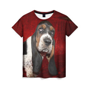 Женская футболка 3D с принтом Бассет-хаунд в Санкт-Петербурге, 100% полиэфир ( синтетическое хлопкоподобное полотно) | прямой крой, круглый вырез горловины, длина до линии бедер | бархат | бассет хаунд | взгляд | домашнее | животное | порода | собака | уши