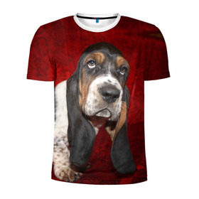 Мужская футболка 3D спортивная с принтом Бассет-хаунд в Санкт-Петербурге, 100% полиэстер с улучшенными характеристиками | приталенный силуэт, круглая горловина, широкие плечи, сужается к линии бедра | бархат | бассет хаунд | взгляд | домашнее | животное | порода | собака | уши