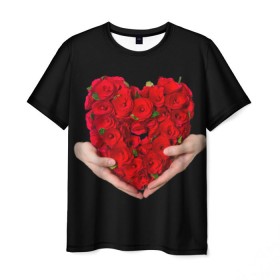 Мужская футболка 3D с принтом Сердце в руках в Санкт-Петербурге, 100% полиэфир | прямой крой, круглый вырез горловины, длина до линии бедер | 8 марта | любовь | подарок | праздник | розы | руки | сердце