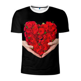 Мужская футболка 3D спортивная с принтом Сердце в руках в Санкт-Петербурге, 100% полиэстер с улучшенными характеристиками | приталенный силуэт, круглая горловина, широкие плечи, сужается к линии бедра | 8 марта | любовь | подарок | праздник | розы | руки | сердце