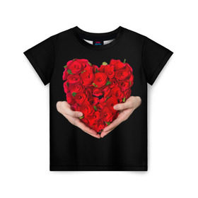 Детская футболка 3D с принтом Сердце в руках в Санкт-Петербурге, 100% гипоаллергенный полиэфир | прямой крой, круглый вырез горловины, длина до линии бедер, чуть спущенное плечо, ткань немного тянется | Тематика изображения на принте: 8 марта | любовь | подарок | праздник | розы | руки | сердце