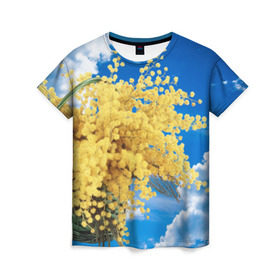 Женская футболка 3D с принтом Мимозы в Санкт-Петербурге, 100% полиэфир ( синтетическое хлопкоподобное полотно) | прямой крой, круглый вырез горловины, длина до линии бедер | 8 марта | весна | мимозы | небо | облака | цветы