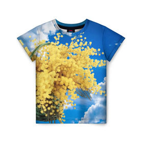 Детская футболка 3D с принтом Мимозы в Санкт-Петербурге, 100% гипоаллергенный полиэфир | прямой крой, круглый вырез горловины, длина до линии бедер, чуть спущенное плечо, ткань немного тянется | Тематика изображения на принте: 8 марта | весна | мимозы | небо | облака | цветы