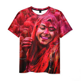 Мужская футболка 3D с принтом Фестиваль красок Холи в Санкт-Петербурге, 100% полиэфир | прямой крой, круглый вырез горловины, длина до линии бедер | festival | festival of colors | holi | весны | девушка | индия | индуистский фестиваль | красная | красок | холи