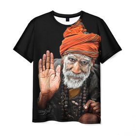 Мужская футболка 3D с принтом Индус монах аскет в Санкт-Петербурге, 100% полиэфир | прямой крой, круглый вырез горловины, длина до линии бедер | аскет | индия | индус | привет | рука | седой