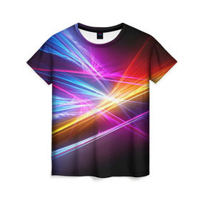 Женская футболка 3D с принтом Лучи в Санкт-Петербурге, 100% полиэфир ( синтетическое хлопкоподобное полотно) | прямой крой, круглый вырез горловины, длина до линии бедер | кислотный | лучи | обстракция | радуга | свет | спектр | цвет | цвета | яркие