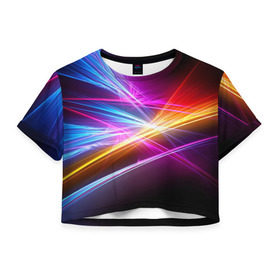 Женская футболка 3D укороченная с принтом Лучи в Санкт-Петербурге, 100% полиэстер | круглая горловина, длина футболки до линии талии, рукава с отворотами | кислотный | лучи | обстракция | радуга | свет | спектр | цвет | цвета | яркие