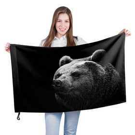 Флаг 3D с принтом Медведь в Санкт-Петербурге, 100% полиэстер | плотность ткани — 95 г/м2, размер — 67 х 109 см. Принт наносится с одной стороны | бурый | дикий | животное | медведь | россия | символ | тайги | фото | хищник | хозяин | черно белое