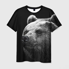 Мужская футболка 3D с принтом Медведь в Санкт-Петербурге, 100% полиэфир | прямой крой, круглый вырез горловины, длина до линии бедер | бурый | дикий | животное | медведь | россия | символ | тайги | фото | хищник | хозяин | черно белое