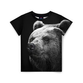 Детская футболка 3D с принтом Медведь в Санкт-Петербурге, 100% гипоаллергенный полиэфир | прямой крой, круглый вырез горловины, длина до линии бедер, чуть спущенное плечо, ткань немного тянется | бурый | дикий | животное | медведь | россия | символ | тайги | фото | хищник | хозяин | черно белое