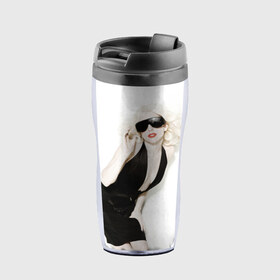 Термокружка-непроливайка с принтом Lady Gaga в Санкт-Петербурге, внутренняя часть — пищевой пластик, наружная часть — прозрачный пластик, между ними — полиграфическая вставка с рисунком | объем — 350 мл, герметичная крышка | lady gaga | блондинка | звезда | знаменитость | леди гаага | певица | поп | эпатаж | эпатажная