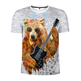 Мужская футболка 3D спортивная с принтом Медведь с гитарой в Санкт-Петербурге, 100% полиэстер с улучшенными характеристиками | приталенный силуэт, круглая горловина, широкие плечи, сужается к линии бедра | гитара
