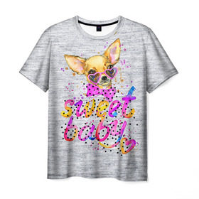 Мужская футболка 3D с принтом милая Чихуахуа в Санкт-Петербурге, 100% полиэфир | прямой крой, круглый вырез горловины, длина до линии бедер | Тематика изображения на принте: baby | dog | sweet | девушке | собачка | чихуахуа
