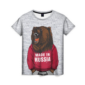 Женская футболка 3D с принтом made in Russia в Санкт-Петербурге, 100% полиэфир ( синтетическое хлопкоподобное полотно) | прямой крой, круглый вырез горловины, длина до линии бедер | bear | made | made in russia | russia | злой | медведь | пасть | русский | я | я русский