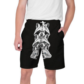 Мужские шорты 3D с принтом Еноты в Санкт-Петербурге,  полиэстер 100% | прямой крой, два кармана без застежек по бокам. Мягкая трикотажная резинка на поясе, внутри которой широкие завязки. Длина чуть выше колен | енот