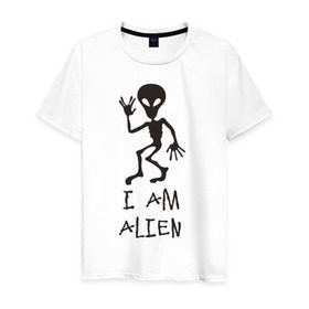 Мужская футболка хлопок с принтом Alien в Санкт-Петербурге, 100% хлопок | прямой крой, круглый вырез горловины, длина до линии бедер, слегка спущенное плечо. | инопланетянин | нло | прикол | пришелец | юмор