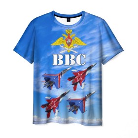 Мужская футболка 3D с принтом ВВС России в Санкт-Петербурге, 100% полиэфир | прямой крой, круглый вырез горловины, длина до линии бедер | авиация | ввс | день ввс | небо | россия | самолёты