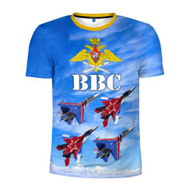 Мужская футболка 3D спортивная с принтом ВВС России в Санкт-Петербурге, 100% полиэстер с улучшенными характеристиками | приталенный силуэт, круглая горловина, широкие плечи, сужается к линии бедра | авиация | ввс | день ввс | небо | россия | самолёты