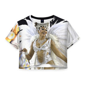 Женская футболка 3D укороченная с принтом Карнавал в Рио в Санкт-Петербурге, 100% полиэстер | круглая горловина, длина футболки до линии талии, рукава с отворотами | бразилия