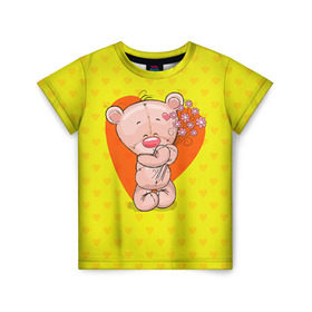 Детская футболка 3D с принтом Мишка с цветочками в Санкт-Петербурге, 100% гипоаллергенный полиэфир | прямой крой, круглый вырез горловины, длина до линии бедер, чуть спущенное плечо, ткань немного тянется | 8марта | весна | девушкам | милый | мишка | подарок | цветок