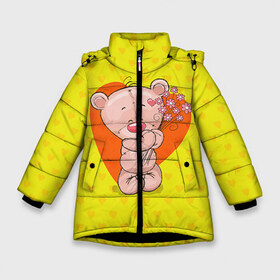 Зимняя куртка для девочек 3D с принтом Мишка с цветочками в Санкт-Петербурге, ткань верха — 100% полиэстер; подклад — 100% полиэстер, утеплитель — 100% полиэстер. | длина ниже бедра, удлиненная спинка, воротник стойка и отстегивающийся капюшон. Есть боковые карманы с листочкой на кнопках, утяжки по низу изделия и внутренний карман на молнии. 

Предусмотрены светоотражающий принт на спинке, радужный светоотражающий элемент на пуллере молнии и на резинке для утяжки. | Тематика изображения на принте: 8марта | весна | девушкам | милый | мишка | подарок | цветок