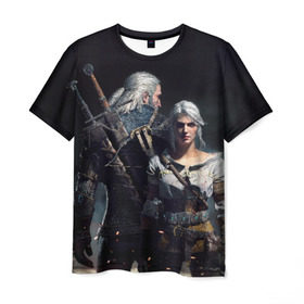 Мужская футболка 3D с принтом Geralt and Ciri в Санкт-Петербурге, 100% полиэфир | прямой крой, круглый вырез горловины, длина до линии бедер | ciri | gerald | roach | wild hunt | witcher | ведьмак | ведьмы | геральд | дикая охота | йен | йеннифер | плотва | цири