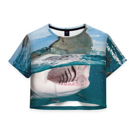 Женская футболка 3D укороченная с принтом Хищная акула в Санкт-Петербурге, 100% полиэстер | круглая горловина, длина футболки до линии талии, рукава с отворотами | акула | море | океан | природа | хищник
