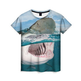Женская футболка 3D с принтом Хищная акула в Санкт-Петербурге, 100% полиэфир ( синтетическое хлопкоподобное полотно) | прямой крой, круглый вырез горловины, длина до линии бедер | Тематика изображения на принте: акула | море | океан | природа | хищник