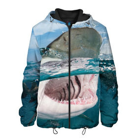 Мужская куртка 3D с принтом Хищная акула в Санкт-Петербурге, ткань верха — 100% полиэстер, подклад — флис | прямой крой, подол и капюшон оформлены резинкой с фиксаторами, два кармана без застежек по бокам, один большой потайной карман на груди. Карман на груди застегивается на липучку | Тематика изображения на принте: акула | море | океан | природа | хищник