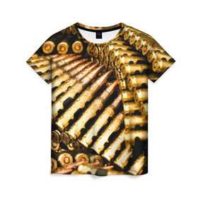 Женская футболка 3D с принтом Золотые патроны в Санкт-Петербурге, 100% полиэфир ( синтетическое хлопкоподобное полотно) | прямой крой, круглый вырез горловины, длина до линии бедер | война | гильза | золото | оружие | патрон | пуля