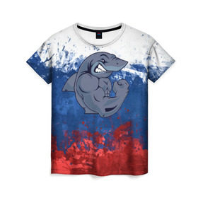 Женская футболка 3D с принтом Акула в Санкт-Петербурге, 100% полиэфир ( синтетическое хлопкоподобное полотно) | прямой крой, круглый вырез горловины, длина до линии бедер | плавание | россия | русский | спорт