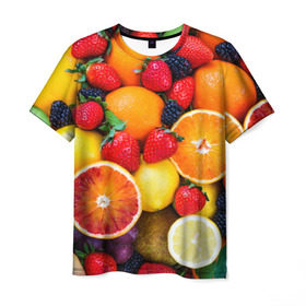 Мужская футболка 3D с принтом Мультифрукт в Санкт-Петербурге, 100% полиэфир | прямой крой, круглый вырез горловины, длина до линии бедер | апельсин | ежевика | киви | клубника | лимон | яблоко