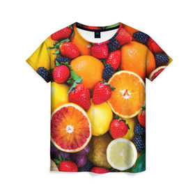 Женская футболка 3D с принтом Мультифрукт в Санкт-Петербурге, 100% полиэфир ( синтетическое хлопкоподобное полотно) | прямой крой, круглый вырез горловины, длина до линии бедер | апельсин | ежевика | киви | клубника | лимон | яблоко