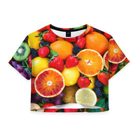 Женская футболка 3D укороченная с принтом Мультифрукт в Санкт-Петербурге, 100% полиэстер | круглая горловина, длина футболки до линии талии, рукава с отворотами | апельсин | ежевика | киви | клубника | лимон | яблоко