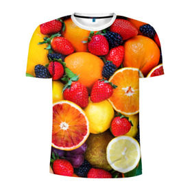 Мужская футболка 3D спортивная с принтом Мультифрукт в Санкт-Петербурге, 100% полиэстер с улучшенными характеристиками | приталенный силуэт, круглая горловина, широкие плечи, сужается к линии бедра | Тематика изображения на принте: апельсин | ежевика | киви | клубника | лимон | яблоко