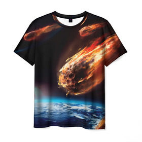 Мужская футболка 3D с принтом Метеориты в Санкт-Петербурге, 100% полиэфир | прямой крой, круглый вырез горловины, длина до линии бедер | Тематика изображения на принте: астероид | земля | космос | метеор | планета