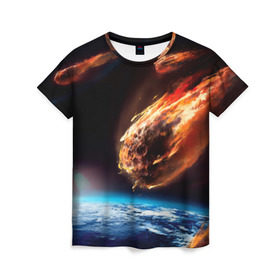 Женская футболка 3D с принтом Метеориты в Санкт-Петербурге, 100% полиэфир ( синтетическое хлопкоподобное полотно) | прямой крой, круглый вырез горловины, длина до линии бедер | астероид | земля | космос | метеор | планета