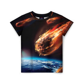 Детская футболка 3D с принтом Метеориты в Санкт-Петербурге, 100% гипоаллергенный полиэфир | прямой крой, круглый вырез горловины, длина до линии бедер, чуть спущенное плечо, ткань немного тянется | Тематика изображения на принте: астероид | земля | космос | метеор | планета
