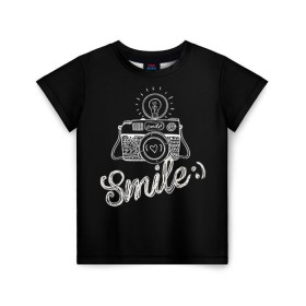 Детская футболка 3D с принтом Smile в Санкт-Петербурге, 100% гипоаллергенный полиэфир | прямой крой, круглый вырез горловины, длина до линии бедер, чуть спущенное плечо, ткань немного тянется | Тематика изображения на принте: camera | smile | вспышка | зеркалка | камера | фотик | фото | фотоаппарат | фотографировать