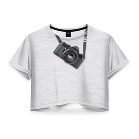 Женская футболка 3D укороченная с принтом Фотоаппарат на груди в Санкт-Петербурге, 100% полиэстер | круглая горловина, длина футболки до линии талии, рукава с отворотами | Тематика изображения на принте: camera | зеркалка | камера | фотик | фото | фотоаппарат | фотографировать