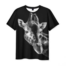 Мужская футболка 3D с принтом Жираф в Санкт-Петербурге, 100% полиэфир | прямой крой, круглый вырез горловины, длина до линии бедер | Тематика изображения на принте: африка | животное | жираф | фон | фото | черно белое | черный