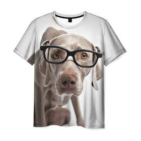 Мужская футболка 3D с принтом Собака в очках в Санкт-Петербурге, 100% полиэфир | прямой крой, круглый вырез горловины, длина до линии бедер | в очках | дог | животное | очки | прикол | пятнистый | собака | щенок