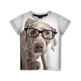 Детская футболка 3D с принтом Собака в очках в Санкт-Петербурге, 100% гипоаллергенный полиэфир | прямой крой, круглый вырез горловины, длина до линии бедер, чуть спущенное плечо, ткань немного тянется | в очках | дог | животное | очки | прикол | пятнистый | собака | щенок