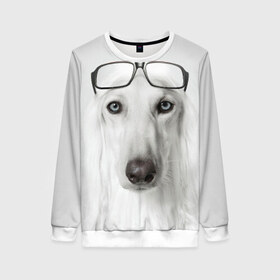Женский свитшот 3D с принтом Собака в очках в Санкт-Петербурге, 100% полиэстер с мягким внутренним слоем | круглый вырез горловины, мягкая резинка на манжетах и поясе, свободная посадка по фигуре | афганская | белая | борзая | в очках | животное | очки | прикол | собака