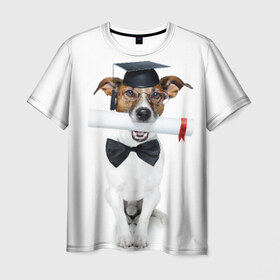 Мужская футболка 3D с принтом Собака выпускник в Санкт-Петербурге, 100% полиэфир | прямой крой, круглый вырез горловины, длина до линии бедер | бабочка | галстук | диплом | магистр | пес